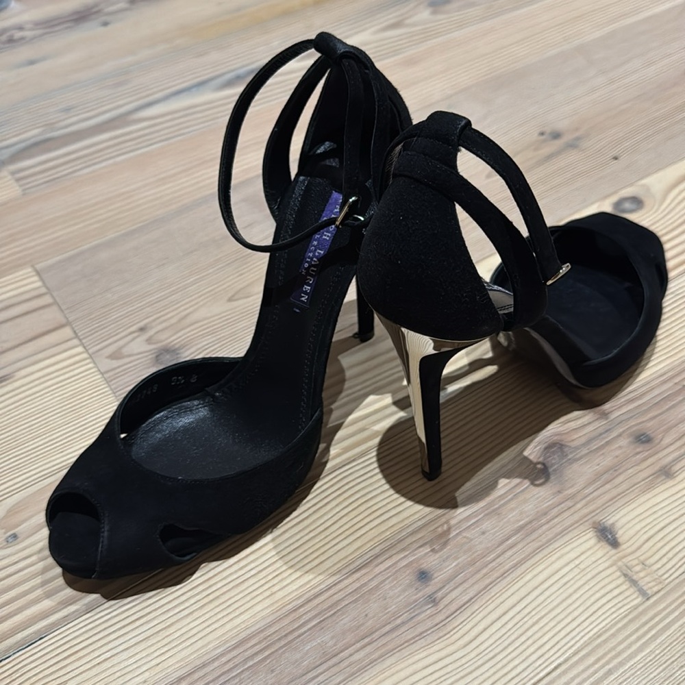 Ralph Lauren Purple Label Black Suede Women's Sandals / Heels, Size 9.5
